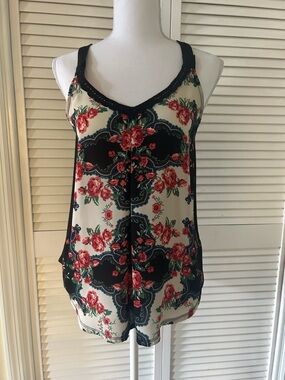 Xhilaration Floral Lace-Trim V-Neck Camisole - Sleeveless Cream, Black & Red Top